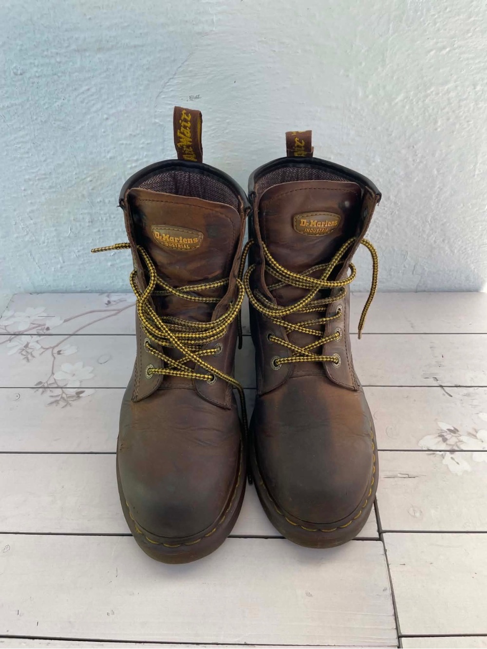 Dr. Martens Brown Leather Lace-Up Men's Work Boots with Yellow Stitching